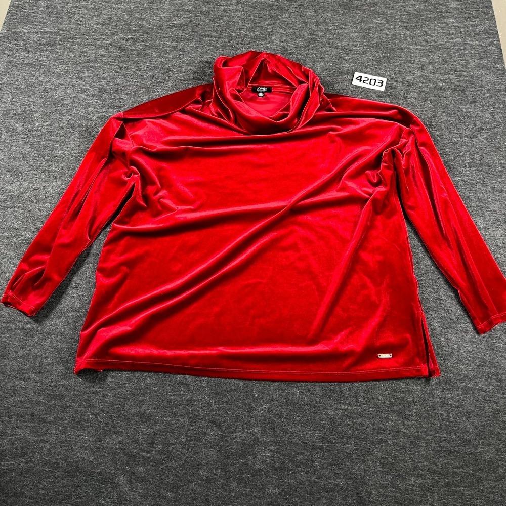 Jones New York Tunic Top Womens XL Red Stretch Velour Cowl Neck Side Slit Casual